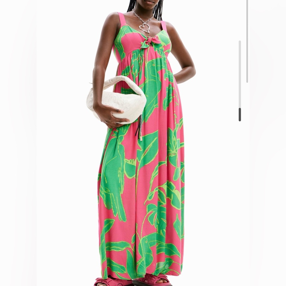 Desigual Tropical Print Maxi Dress Pink Green Cockatoo Sweetheart Smocked Back